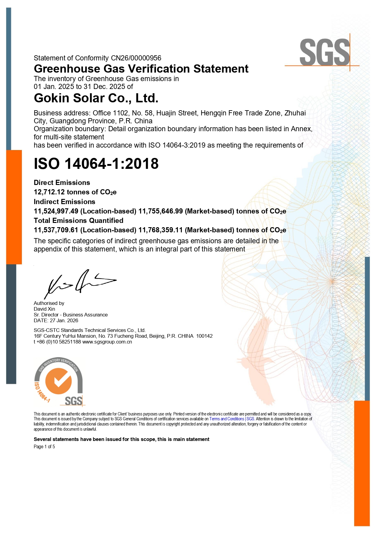 ZSN240229 - Gokin Solar Co., Ltd. Déclaration de vérification des gaz à effet de serre - Quatre Bases Industrielles