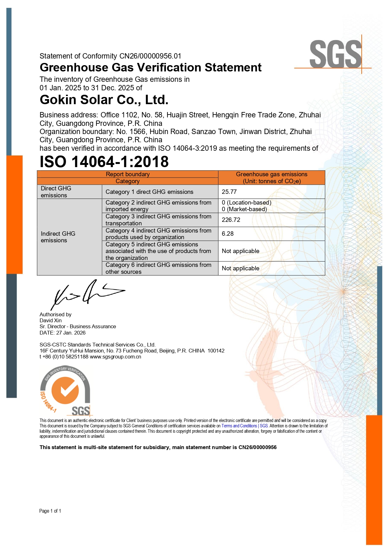 ZSN240229 - Gokin Solar Co., Ltd. Déclaration de vérification des gaz à effet de serre